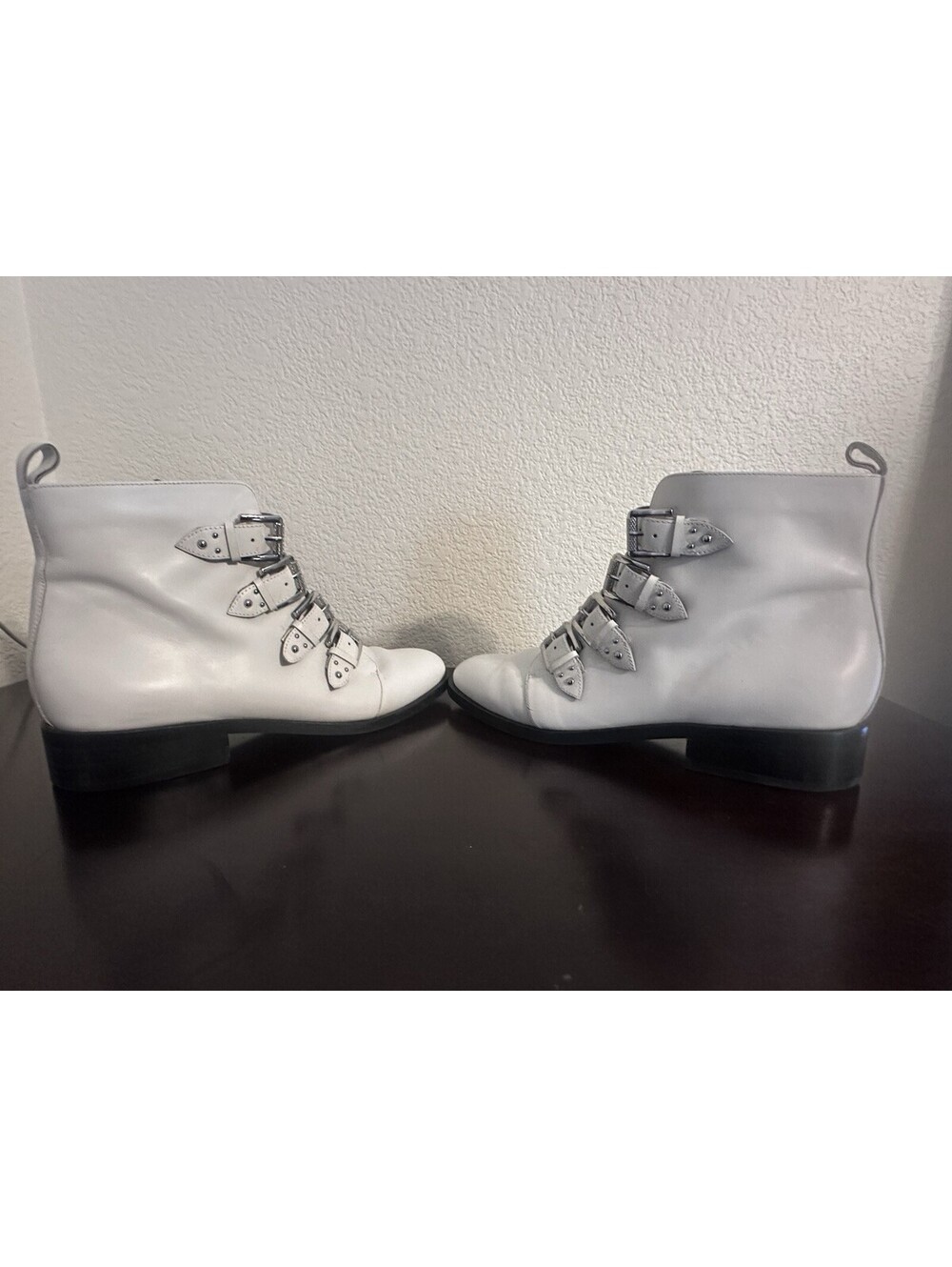 Halogen Studded Buckle Strap Ankle Boots White Leather Zip Block Heel Size 10 - Picture 7 of 9